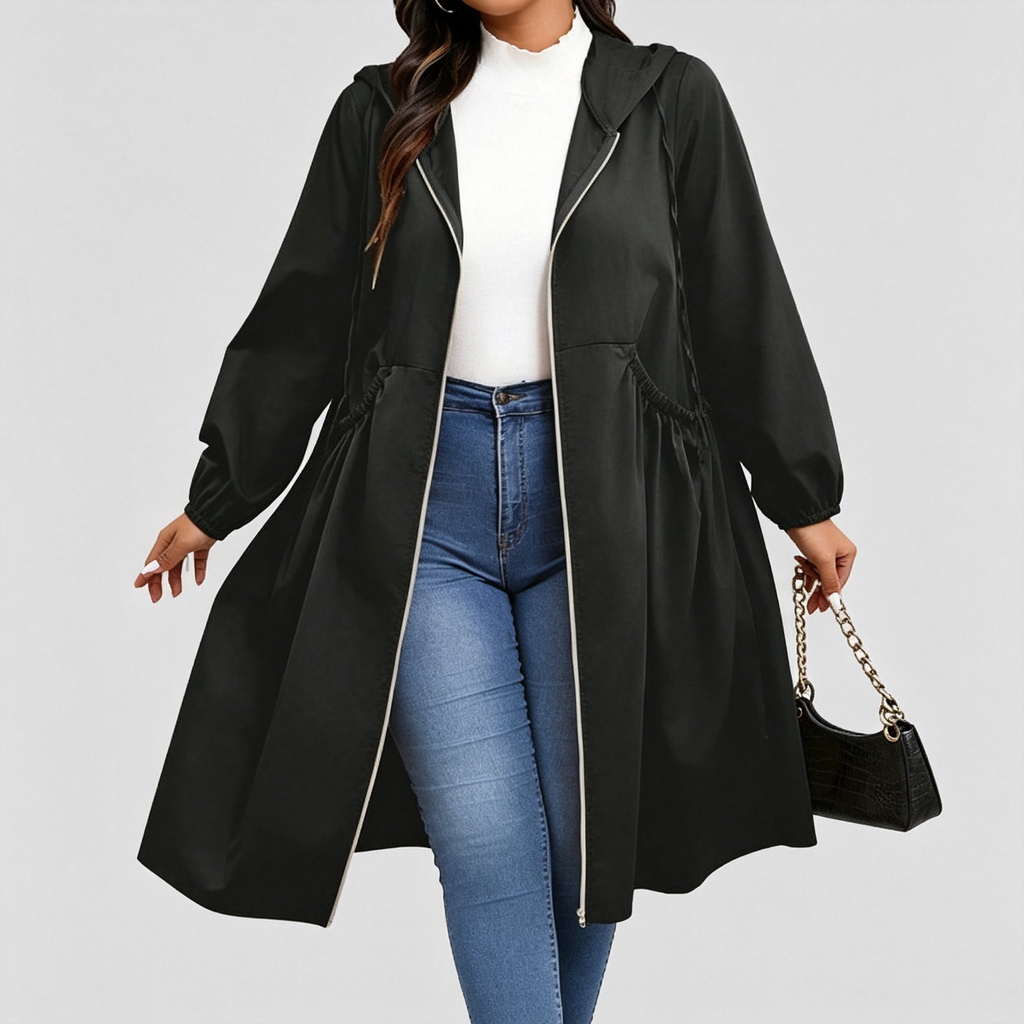 The Elara Curve Cinch Hooded Windbreaker Coat