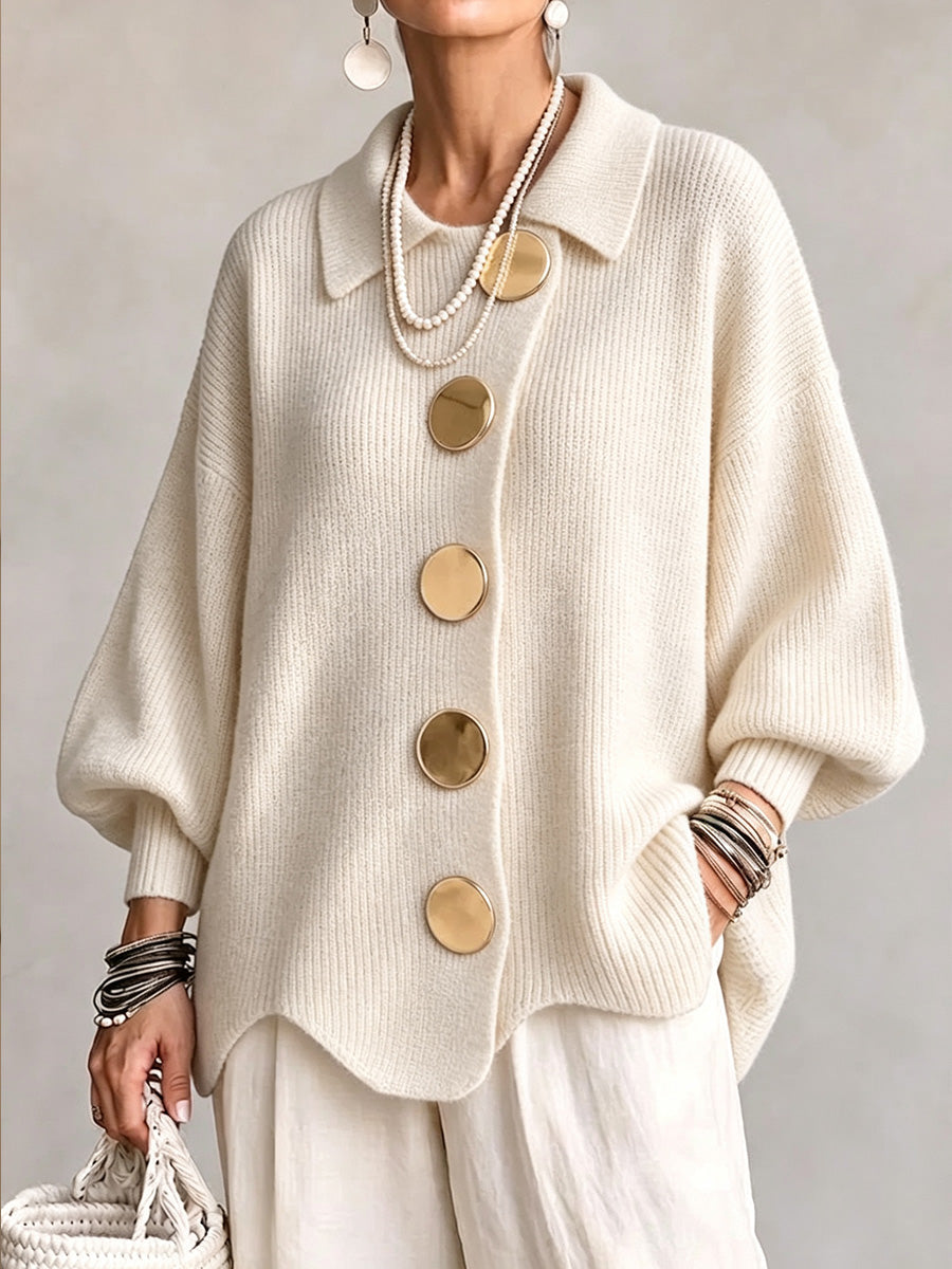 Tessa - Oversized Collared Knit Cardigan with Large Metal Buttons