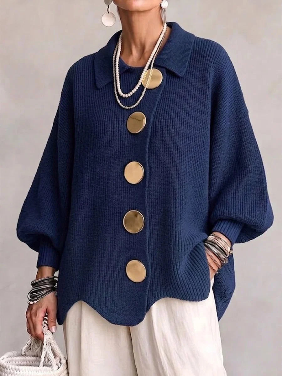 Tessa - Oversized Collared Knit Cardigan with Large Metal Buttons